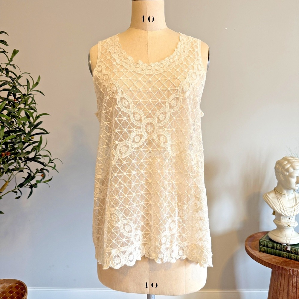 Ivory Lace Mesh Overlay Tunic Top Sleeveless boho fairy grunge Button  Back L